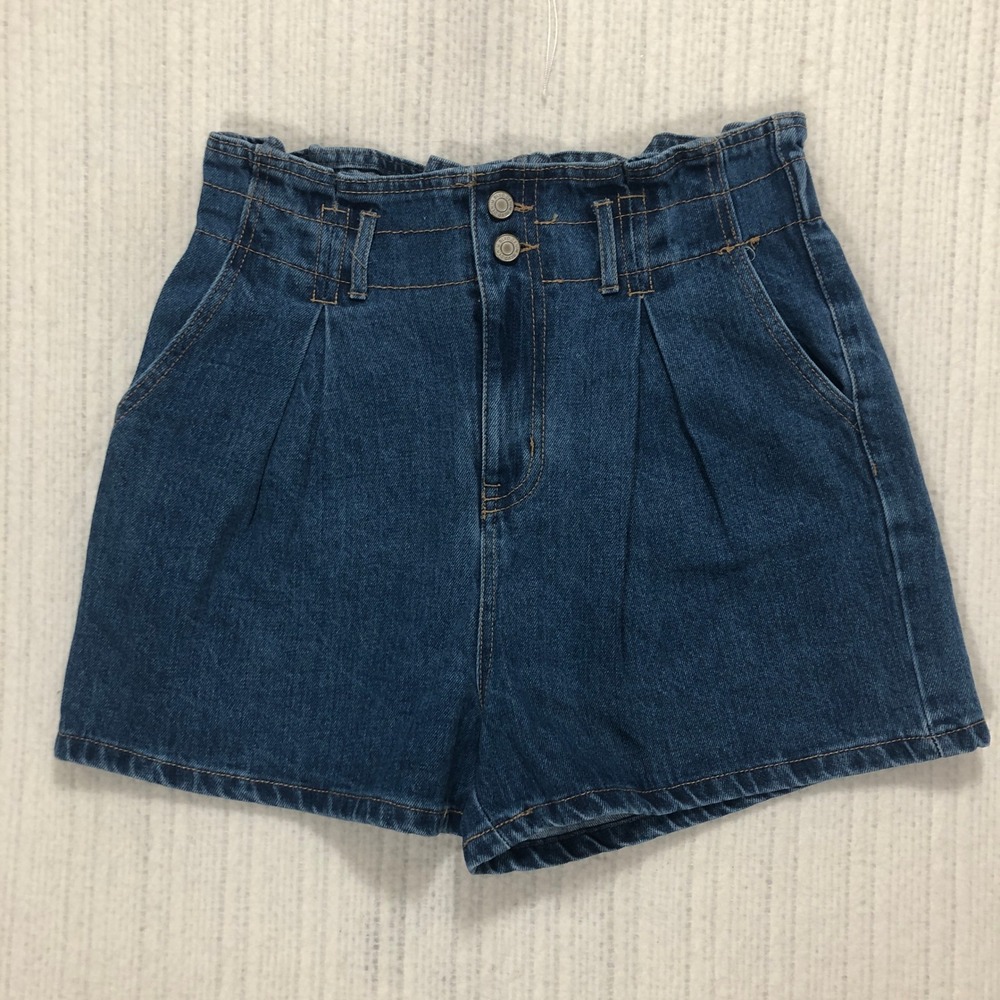 Denim Blvd Los Angeles Paperbag Waist High Rise Denim Shorts‎ Dark Wash Large